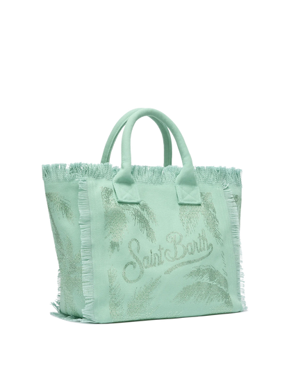 Sage green cotton canvas Vanity tote bag with palm rhinestone embellishment - MC2 Saint Barth