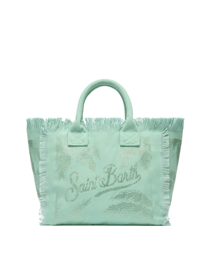 Sage green cotton canvas Vanity tote bag with palm rhinestone embellishment - MC2 Saint Barth