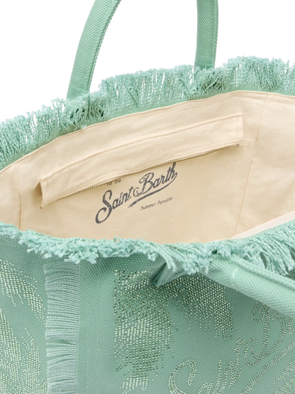 Sage green cotton canvas Vanity tote bag with palm rhinestone embellishment - MC2 Saint Barth