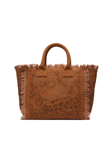 Brown cotton canvas Vanity tote bag with leopard rhinestone embellishment - MC2 Saint Barth