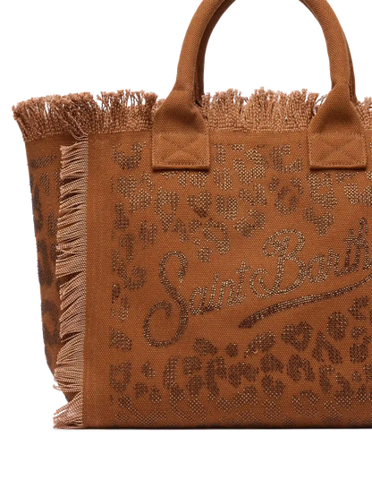 Brown cotton canvas Vanity tote bag with leopard rhinestone embellishment - MC2 Saint Barth