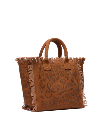 Brown cotton canvas Vanity tote bag with leopard rhinestone embellishment - MC2 Saint Barth