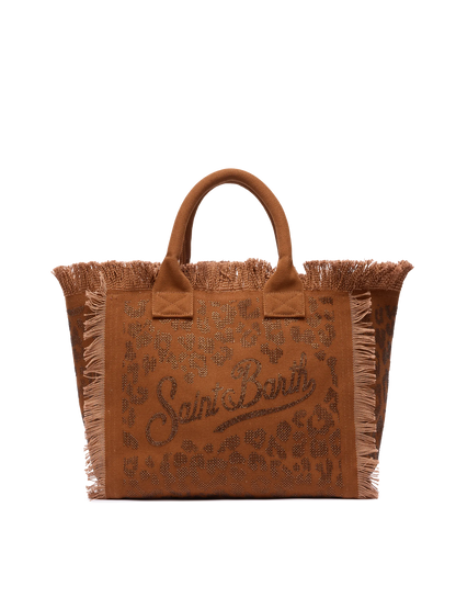Brown cotton canvas Vanity tote bag with leopard rhinestone embellishment - MC2 Saint Barth