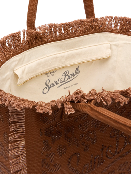 Brown cotton canvas Vanity tote bag with leopard rhinestone embellishment - MC2 Saint Barth