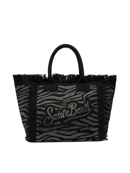 Black cotton canvas Vanity tote bag with zebra rhinestone embellishment - MC2 Saint Barth