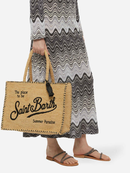 Natural beige Vanity Raffia shoulder bag with black trim