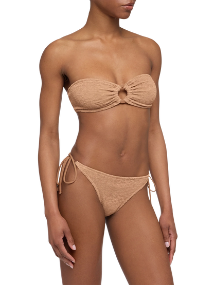 Yulia Norah caramel brown crinkle bikini with bandeau top and cheekiest briefs
