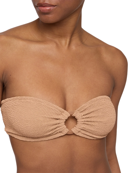 Yulia Norah caramel brown crinkle bikini with bandeau top and cheekiest briefs