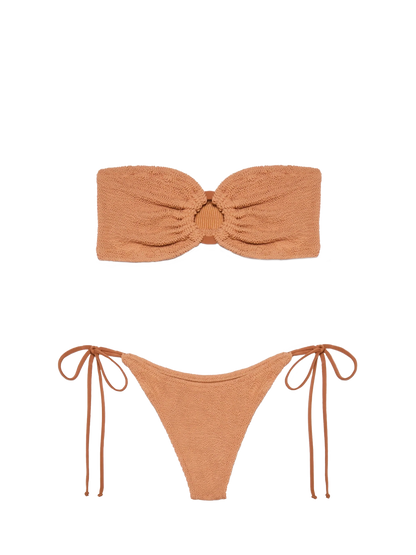 Yulia Norah caramel brown crinkle bikini with bandeau top and cheekiest briefs
