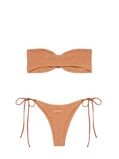 Yulia Norah caramel brown crinkle bikini with bandeau top and cheekiest briefs