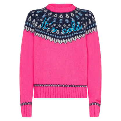 Woman fluo pink crewneck nordic jacquard sweater